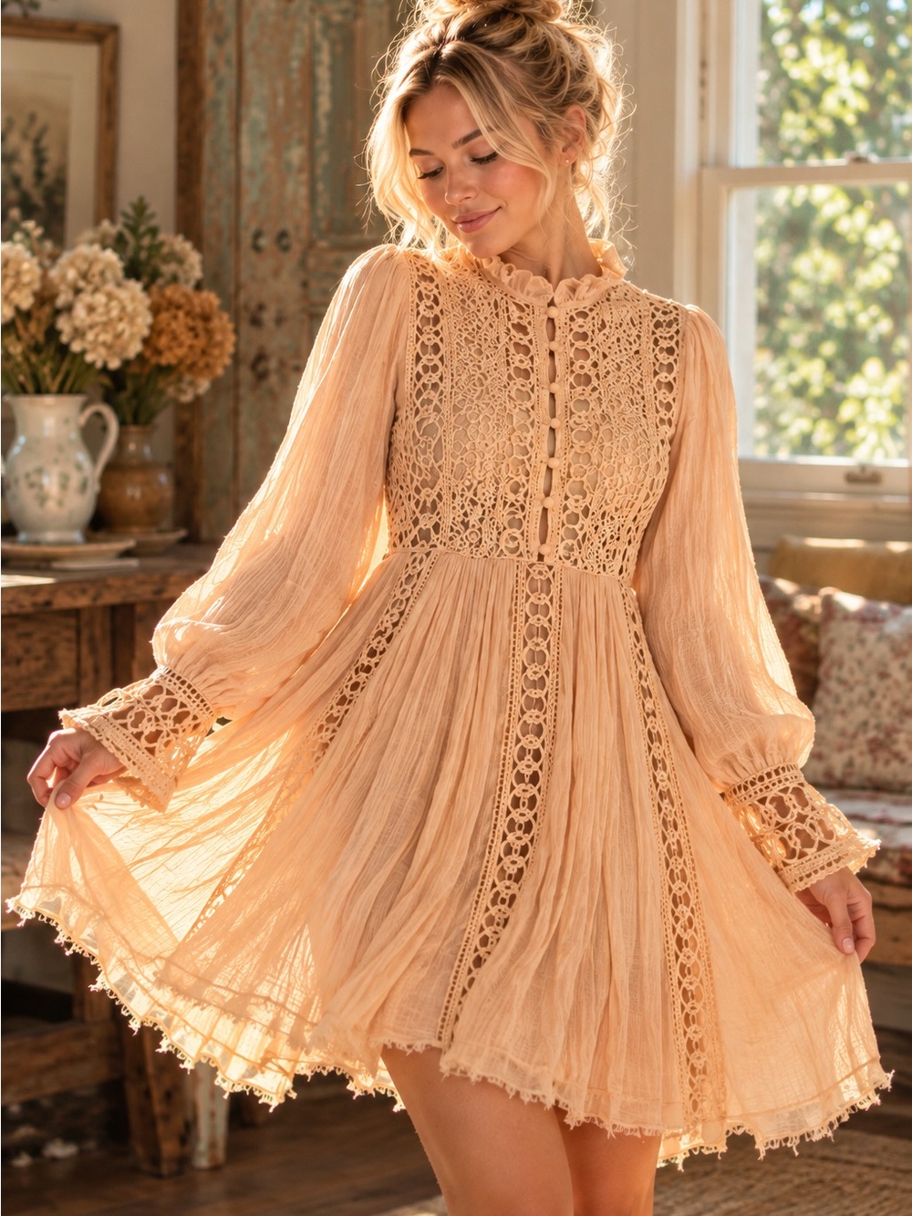Free People FP One Peach Crochet Lace Long Sleeve Mini Dress XS NWOT